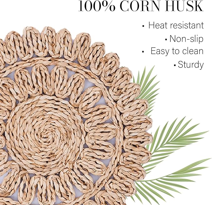 Laquedecraft 15" Set of 8 Round Corn Husk Placemats | Boho Woven Rattan Table Mats | Farmhouse Wicker Spring Plate Chargers Like Water Hyacinth, Seagrass for Wedding, Party, Christmas, Events