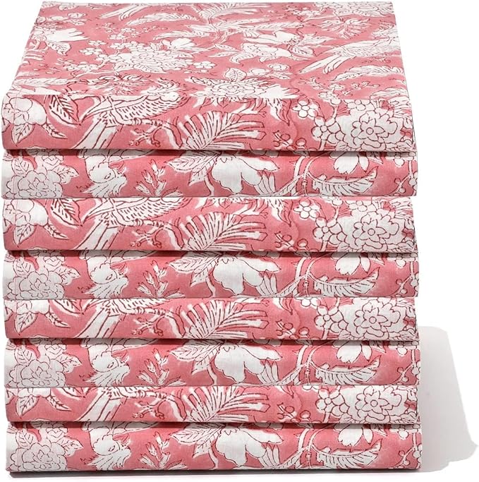 CPC Pink Coral Indian Block Print Cotton Cloth Napkins Set of 4, 18x18 Reusable Everyday Napkins, Soft, Absorbent, Floral Dinner Napkin, Holiday, Party Gift, Spring,Mother's Day