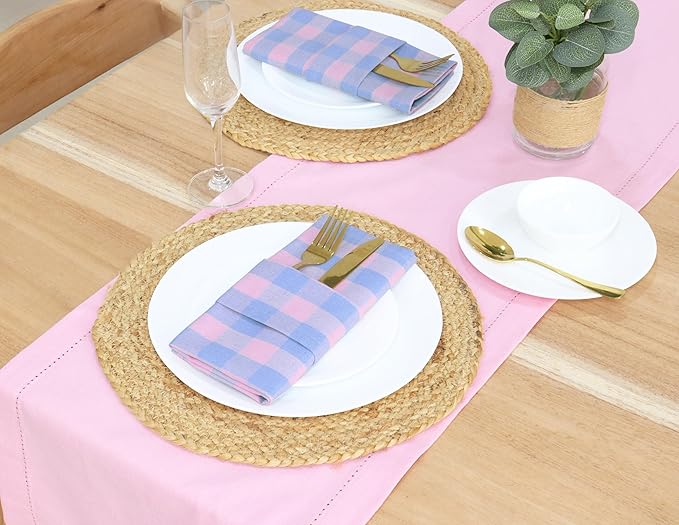 PurpleEssences Buffalo Plaid Cloth Napkins - Mitered Corners - Spring Easter Summer - Gingham Check Dinner Napkin - Set of 12-100% Cotton - 18x18 Inch - Reusable Washable - Light Blue and Blush Pink