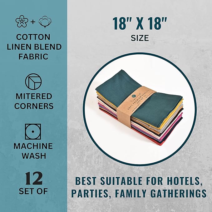 FINGERCRAFT Dinner Cloth Napkin Cotton Linen Blend 12 Pack Natural Premium Quality Mitred Corner for Every Day Use Pre Shrunk and Good Absorbency 18x18 in Easter Color Multi