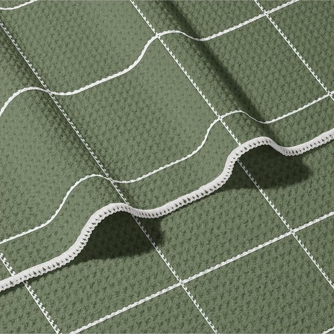 HALL & PERRY Kitchen Tea Towel, Ultra Soft, Quick Dry Microfiber Dish Cloths - 18"x30" Premium Quality Waffle Towel - Stripes and Plaid, Green and White (Wren)