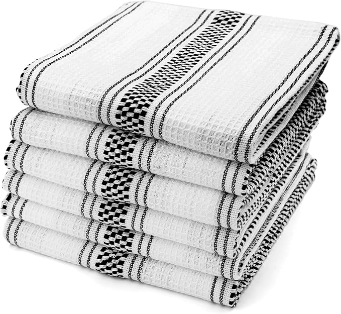 Black Kitchen Towels Set of 6, 100% Cotton Dish Towels, Striped Hand Towel, French Dish Cloths for Washing Dishes, Farmhouse Tea Towels, Absorbent Dish Towel with Hanging Loop, 18 x 28 [Black/White]