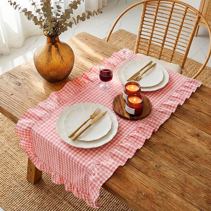 HunnmingRe 1 Pcs Pink Plaid Gingham Ruffle Table Runner 72 x 13.8'' Farmhouse Table Runner 100% Cotton Scalloped Long Dresser Scarves for Dining Room, Wedding, Kitchen Rustic Home Decor