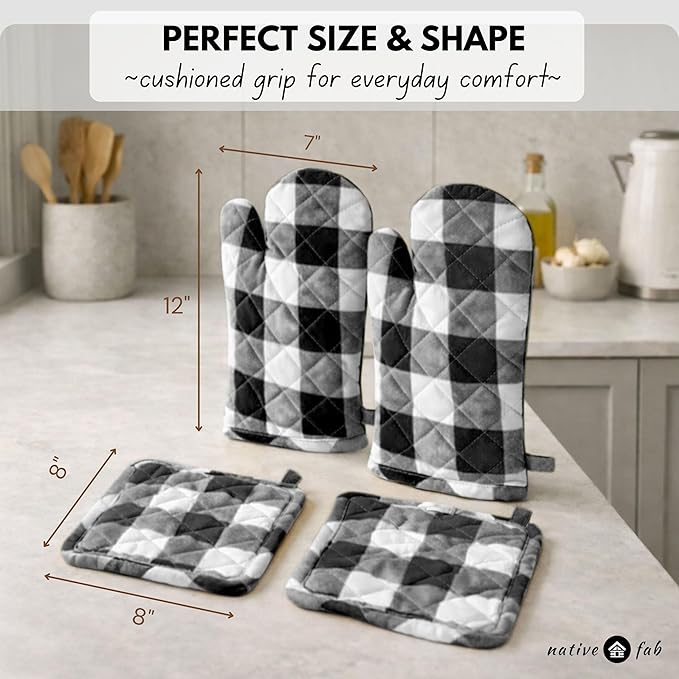 Native Fab Buffalo Plaid Check Oven Mitts and Pot Holders Set of 4, 100% Cotton Heat Resistant Kitchen Gloves, 2 Oven Mitts (7x13), 2 Pot Holders (8x8) for Cooking & Baking, Black White