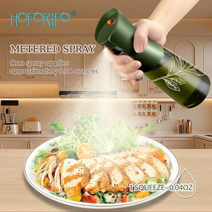 Glass Olive Oil Sprayer for Cooking, Oil Mister Continuous Cooking Spray with Portion Control for Kitchen 200ml/7oz (Green Bottle, Gold Print)