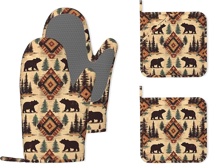 Tribal Bear Retro Geometric Silicone Oven Mitts and Pot Holders,Heat-Resistant 4 Piece Kitchen Set Non-Slip Oven Gloves and Hot Pads for Cooking, Baking, Grilling,BBQ