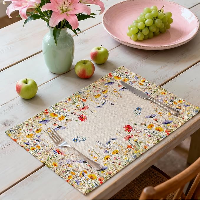 Spring Place Mats Set of 4 12x18 inch for Dinning Table - Blooming Floral Spring Table Decor, Party - Farmhouse Flower Seasonal Table Mats Decroations for Home