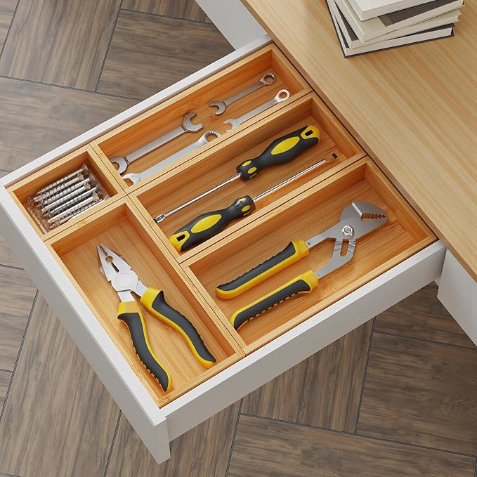 Bamboo Drawer Organizer Boxes, 5 PCS Junk Drawer Organizer, Wooden Storage Trays for Kitchen, Bathroom, Office, Makeup