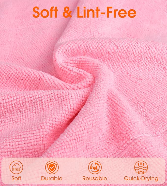 Microfiber Cleaning Cloth Roll - 100 Pack Tear Away Microfiber Paper Towels, Reusable, Washable, Scratch-Free, Kitchen Towels for Car, Home, Kitchen, Glass, Dishes(Pink)