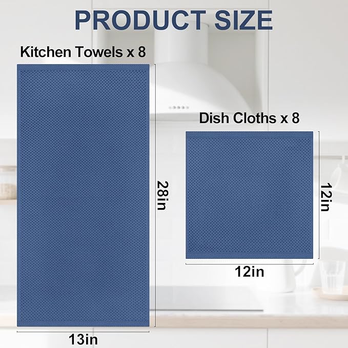 Homaxy 100% Cotton Kitchen Towels and Dishcloths Set, 12 x 12 Inches and 13 x 28 Inches, Set of 16 Bulk Kitchen Towels Set, Ultra Soft Absorbent Dish Cloths for Washing Dishes, Navy Blue