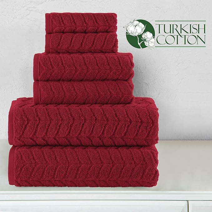Elegant Comfort Luxury 6-Piece 100% Turkish Cotton Jacquard Braided Textured Premium Hotel Quality Towel Set– Soft and Absorbent, Includes 2 Bath Towels, 2 Hand Towels and 2 Washcloths, Burgundy