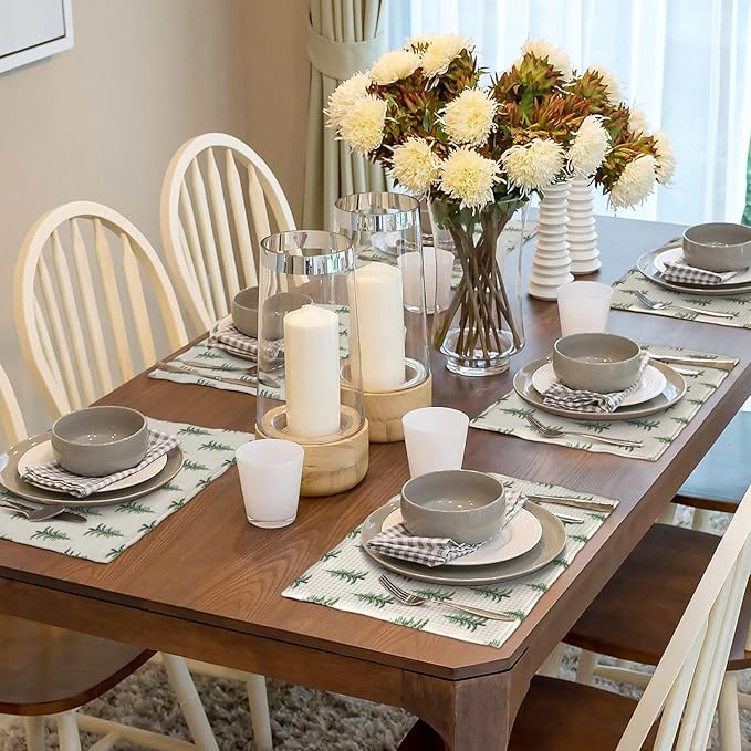 Christmas Trees Placemats Set of 4 Sage Green Christmas Decor Place Mats 12x18 Inch Xmas Winter Holiday Farmhouse Decorative Linen Table Mats for Home Kitchen Dining Party Table Decoration