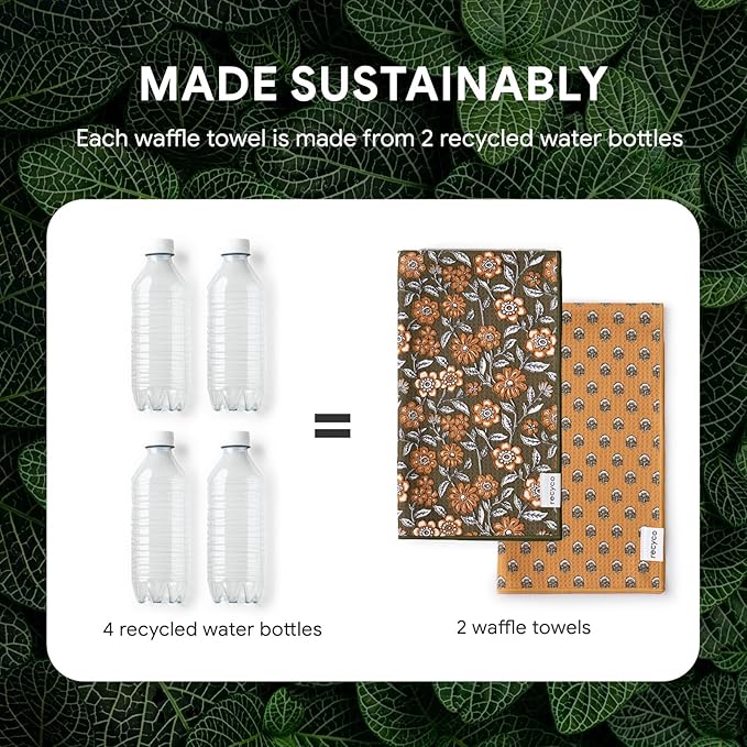 RECYCO Waffle Kitchen Towel Set of 2 - Quick Dry Microfiber Sustainable Dish Towels - Ultra Absorbent Reusable Cleaning Tea Towels - Lightweight Hand Towels,16”x 28”, Amber Flora