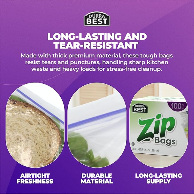 Sandwich Zip Bags - 100 Count | Leak-Proof, Freezer Safe & Reusable Food Storage Bags for Lunch & Snacks | Durable BPA-Free Seal | DURRA BEST