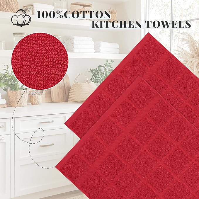 Homaxy Premium Kitchen Towels 18"x28", 6 Pack Large Cotton 380 GSM Dish Towels, Soft and Absorbent Kitchen Hand Towels with Terry Grid Design, Utility Tea Towel Set with Hanging Loop, Red