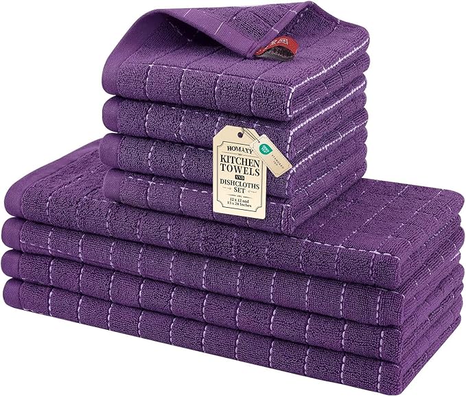 Homaxy Kitchen Towels and Dishcloths Set, 12 x 12 and 13 x 28 Inches, Set of 8 Bulk Cotton Terry Kitchen Towels Set, Checkered Designed, Soft and Super Absorbent Dish Towels, Purple