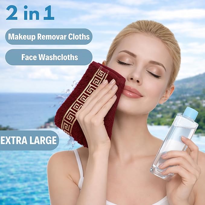 4 Piece WashCloth Set with Greek Key Design - 100% Cotton Soft & Absorbent Bathroom 12x19 in Small Towels - Soft Face Towels, Quick Dry Burgundy Wash Cloth for Spa, Hotel & Home Use CC3