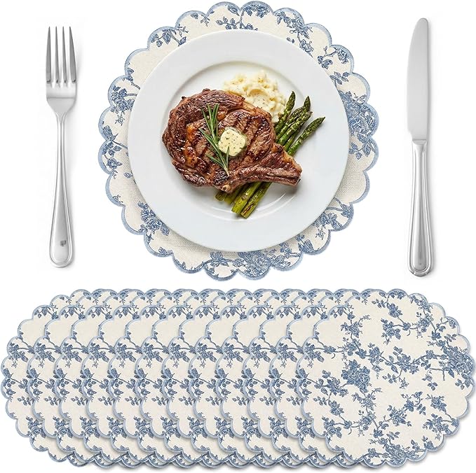 Set of 12 Blue and White Cotton Placemats 15 Inch Round Scalloped Embroidery Placemats Washable Double Layered Rustic Table Mat Fabric Napkins for Wedding Table Decor