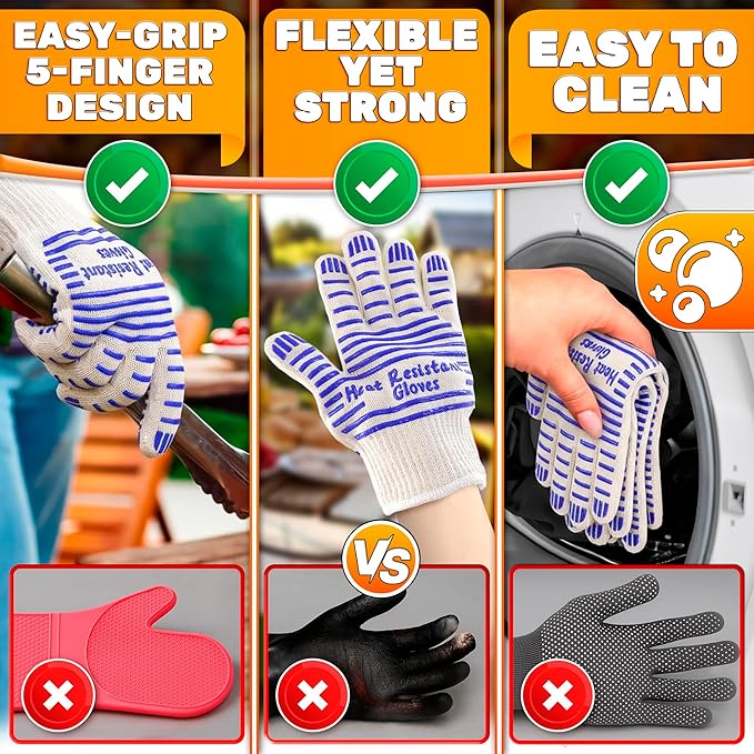 Heat Resistant Gloves - Aramid Oven Gloves with Fingers for Cooking & Grilling, Lightweight BBQ Gloves with Cotton Lining, Non-Slip 9.45x3.94 Kitchen Mitts for Baking & Frying, Kitchen Gift for Chefs