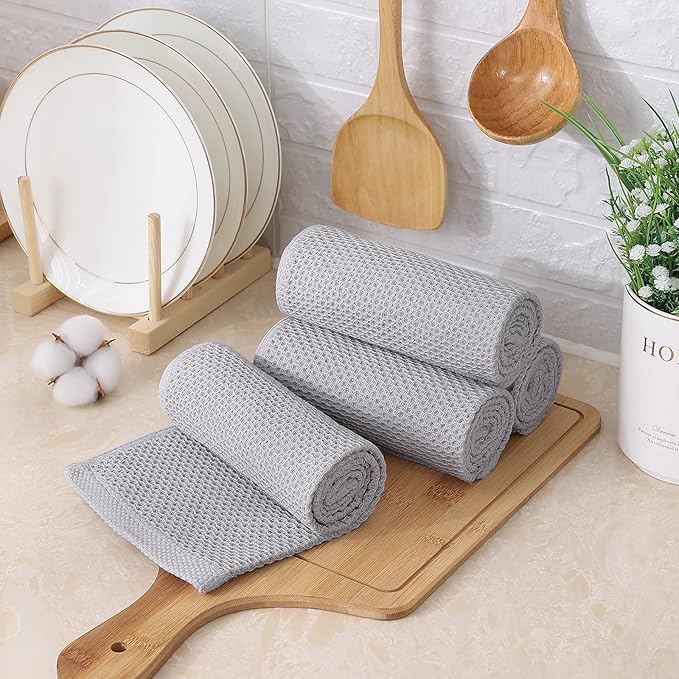 Kitinjoy 100% Cotton Waffle Weave Kitchen Hand Towels (13 x 28 Inches, Light Grey), 8-Pack Super Soft and Absorbent Dish Towels for Drying Dishes