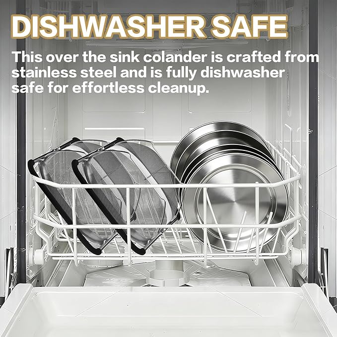Over the Sink Colander - 6QT Strainers and Colanders - Stainless Steel Strainer - Expandable Sink Colander with Rubber Grip for Strain, Drain, Rinse Fruits, Vegetables, Home Kitchen Essentials