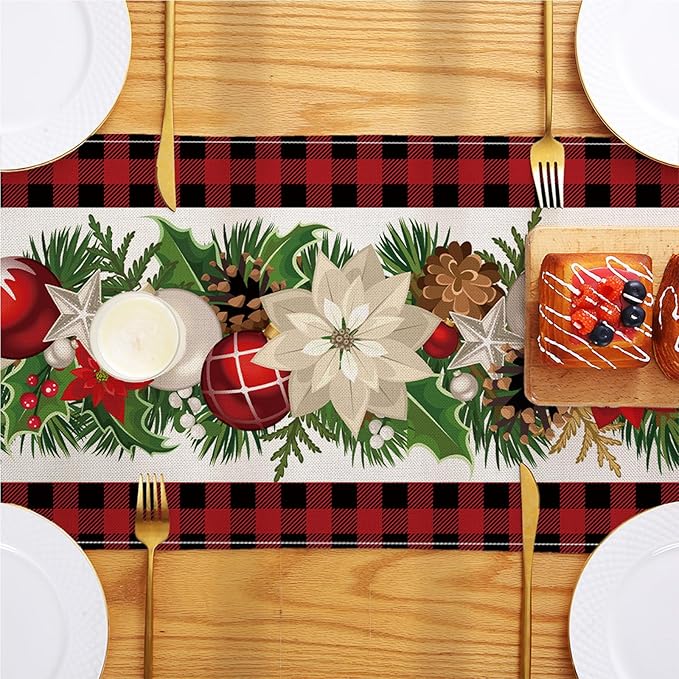 Christmas Decorations - Red and Black Buffalo Check Christmas Table Runner,Winter Holiday Kitchen Dining Table Decoration for Home Party Decor 13 x 72 Inch