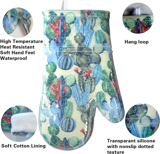 Oven Mitts Set of 2 with Transparent Clear Silicone Shell and Nice Cactus Flower Cotton Lining, Heat Resistant to 500 F Kitchen Oven Gloves Pot Holder for Cooking (Cactus Flower, Oven Mitts)