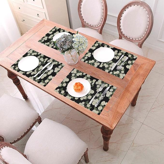 Spring Place mats Set of 4,12x18 Inches Black Beige Hydrangea Floral Decorative Summer Decor Flower Placemats Rectangle Spring Table Mats for Party Home Kitchen Dining Table Decoration