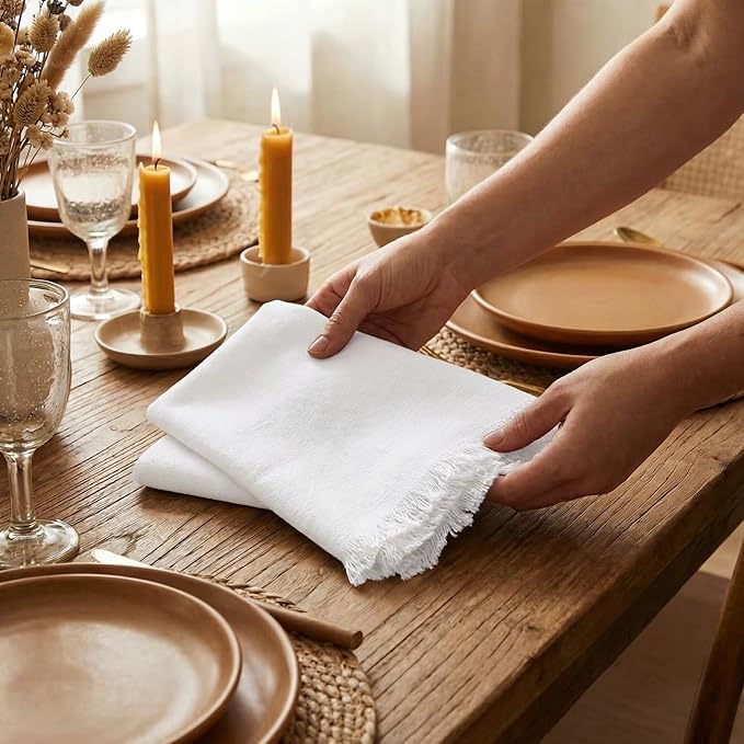 ACCENTHOME White Cotton Linen Napkin Set of 6 18x18 inch Dinner Napkins - Washable Soft Premium Hotel Quality Reusable Hemmed Edges Napkins Perfect Table Linens for Family Dinners, Weddings