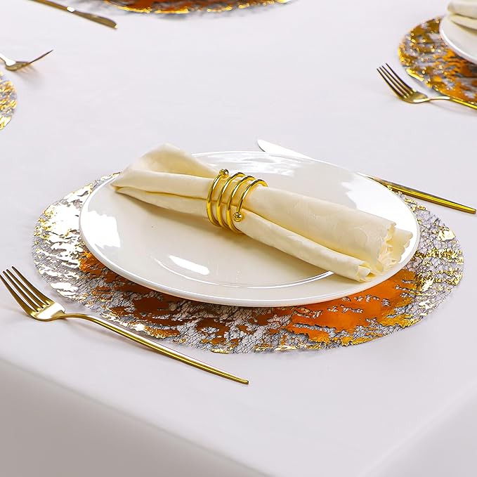 Snowkingdom Black Gold Placemats Round Disposable Sparkly Paper Metallic Glitter Foil Gold Doilies Luxury Dining Table Decoration Centerpieces for Party Birthday Wedding Christmas Shower Set of 24