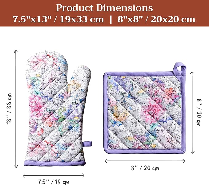 Maison d' Hermine 100% Cotton Oven Mitt & Pot Holder Set (7.5"x13" & 8"x8") Heat Resistant BBQ Cooking Gloves with Loop Baking Grilling Kitchen Gifts for Mothers Day Spring/Summer (Floral Love)