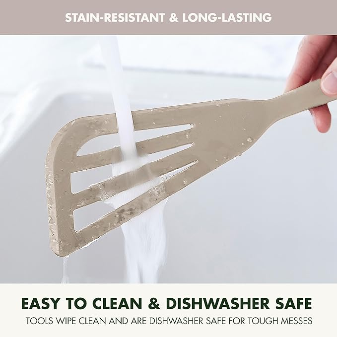 GreenPan Silicone Fish Turner Spatula, Slotted Cooking Kitchen Utensil, Flexible Rubber Nonstick Cookware, Rigid Steel Core, Heat-Resistant, Anti-Slip Handle, BPA-Free, Dishwasher Safe, Taupe