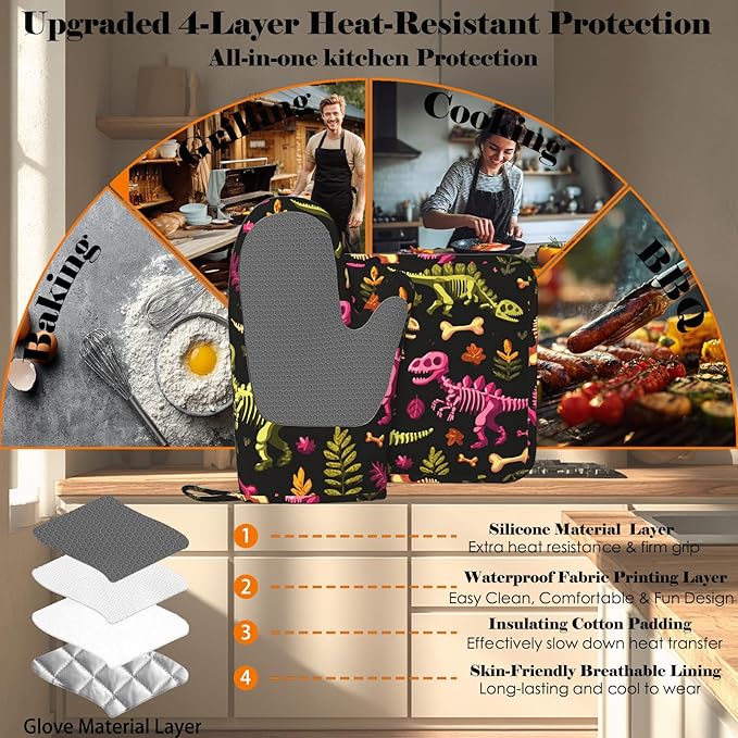 Dinosaur Skeleton Oven Mitts and Pot Holders Sets Non-Slip Silicone Surface for BBQ Gloves,Kitchen,Cooking,Baking,Grilling