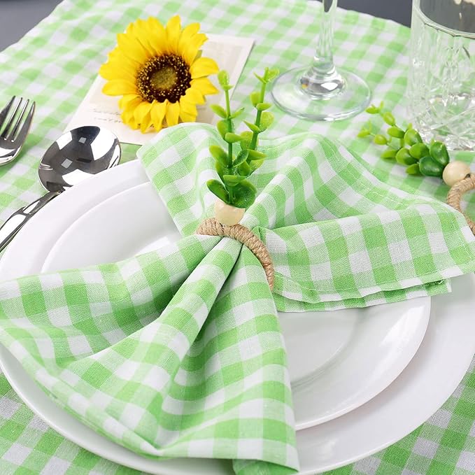 Buffalo Plaid Cloth Napkins Set of 6, 18 x 18 Inches Green White Cotton Washable Table Napkins, Reusable Gingham Cloth Dinner Napkins for Weeding, Parties, Thanksgiving, Christmas, Kitchen Dining