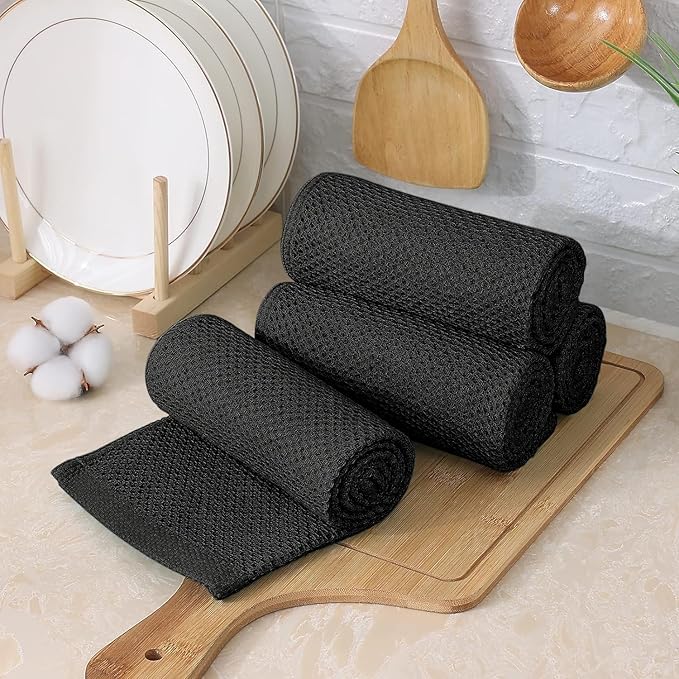 Kitinjoy 100% Cotton Kitchen Towels and Dishcloths Set, 10 Pack-13" x 28" and 12" x 12" Waffle Weave Dish Towels, Ultra Soft Absorbent Quick Drying Dish Rags, Black