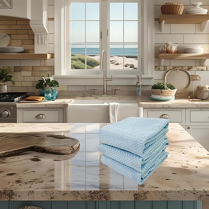 Serafina Home Coastal Sky Light Blue Kitchen Hand Dish Towels: Oversized 28" x 18", 100% Cotton Cloth Soft Cleaning Drying Absorbent Textured Design, Set of 3 Multipurpose for Everyday Use