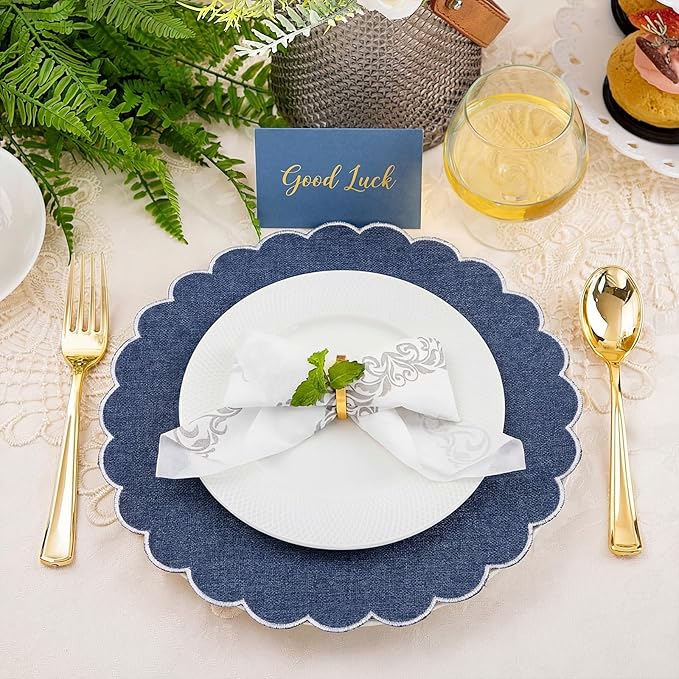 Set of 12 Navy Blue Cotton Placemats 15 Inch Round Scalloped Embroidery Placemats Washable Double Layered Rustic Table Mat Fabric Napkins for Wedding Table Decor