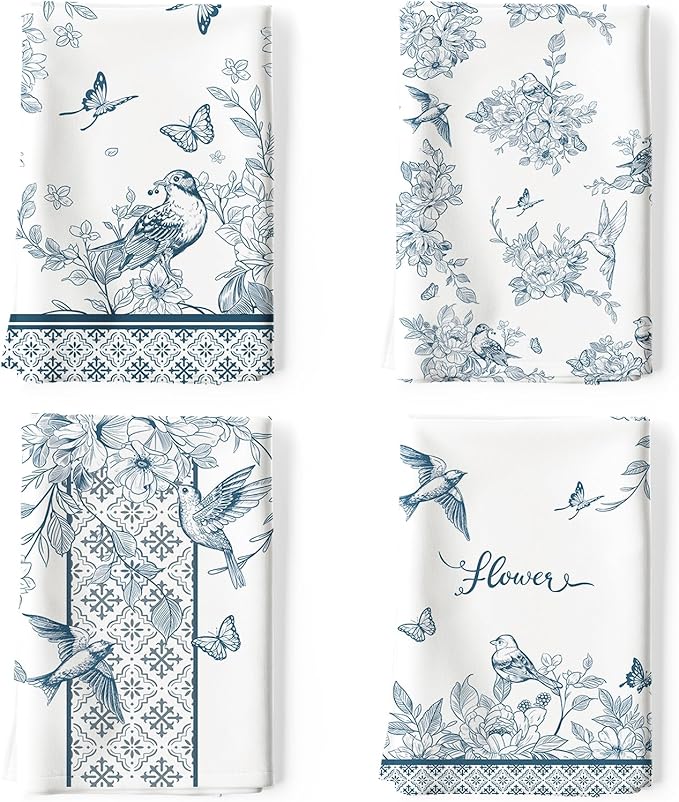 Chinoiserie Floral Bird Tea Towels, Rustic Vintage Cotton Kitchen Towel 18.9×27.5 inch, Quick Drying Dish Cloth for Party Anniversary Holiday Decoration, Housewarming Gifts for Mom