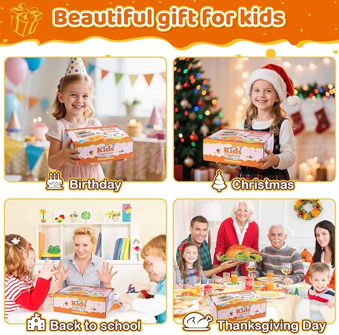 EFO SHM 52 PCS Kids Cooking Sets, Montessori Pretend Play Kitchen Toys for Real Cooking Baking, Toddler Knife Set with Chef Hat & Apron, Kids Baking Set for Boys Girls Christmas Birthday Gift