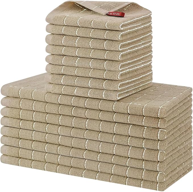 Homaxy Kitchen Towels and Dishcloths Set, 12 x 12 and 13 x 28 Inches, Set of 16 Bulk Cotton Terry Kitchen Towels Set, Checkered Designed, Soft and Super Absorbent Dish Cloths, Tan