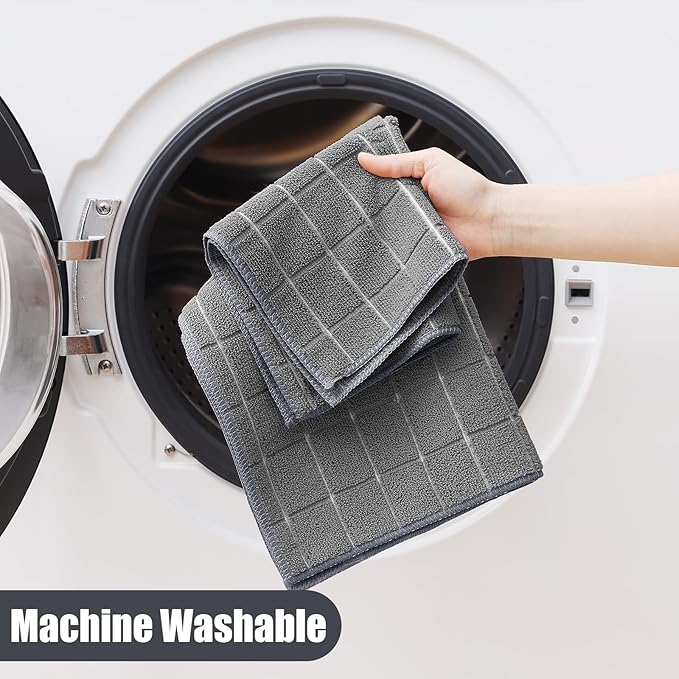 Homaxy Microfiber Kitchen Towels and Dishcloths Set, 16 Pack Soft and Absorbent Dish Hand Towels Bulk, 28 x 16 Inch & 12 x 12 Inch Quick Drying Rags for Washing Dishes, Grey