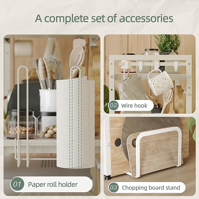 NETEL Expandable Microwave Stand,2 Tier Metal Kitchen Countertop Organizer Shelves with Paper Towel and Chopping Board Holder,Microwave Shelf,Microwave Oven Rack,55lbs Weight Capacity,White