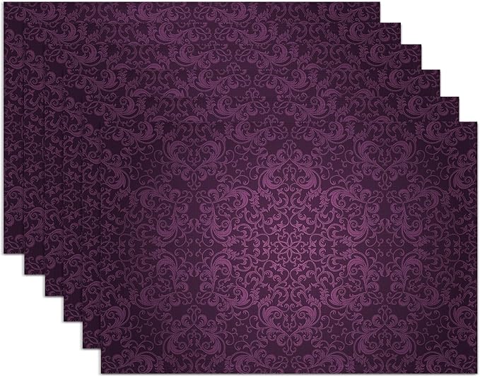 Purple Placemats Set of 6,Eggplant Color Mandala Floral Design Place Mats, Washable Heat Resistant 12×18 Inch Linen Table Mats for Kitchen Dining, Boho Home Decor