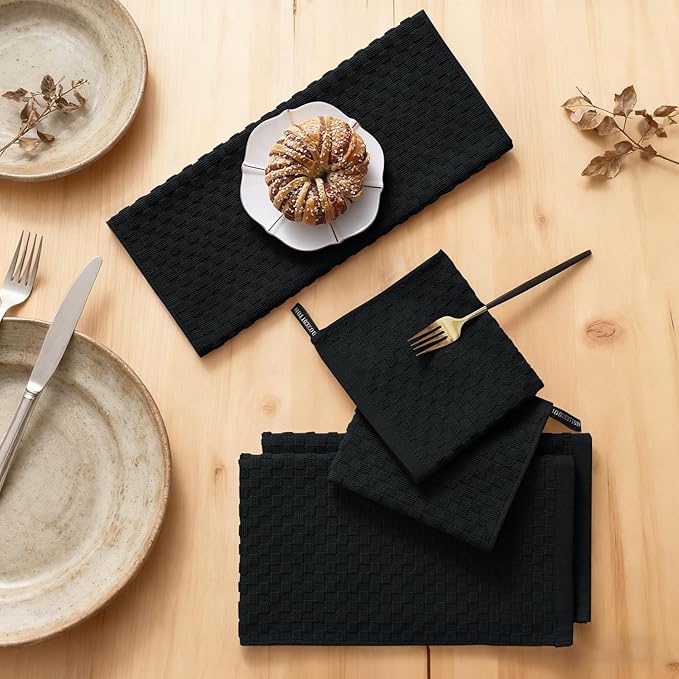 Homaxy 100% Cotton Kitchen Towels and Dishcloths Set, 12 x 12 & 15 x 25 Inches, Set of 12 Bulk Terry Cloth Dish Towels, Super Soft and Absorbent Hand Towel with Hanging Loop, Black