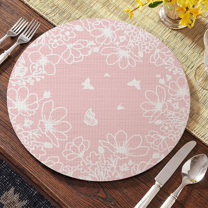 Artoid Mode Pink Leaves Vinyl Round Placemats Set of 4, 14 Inch Washable Non-Slip Heat Resistant Woven Plastic Spring Table Mats for Party Kitchen Dining Decor