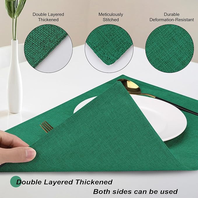 Cloth Placemats Set of 6, Cotton Linen Blend Machine Washable Double Layered Place Mats, Heat Resistant Placemats Wrinkle Free Thick Fabric Dining Table Mats for Indoors & Outdoors (Green, 6)