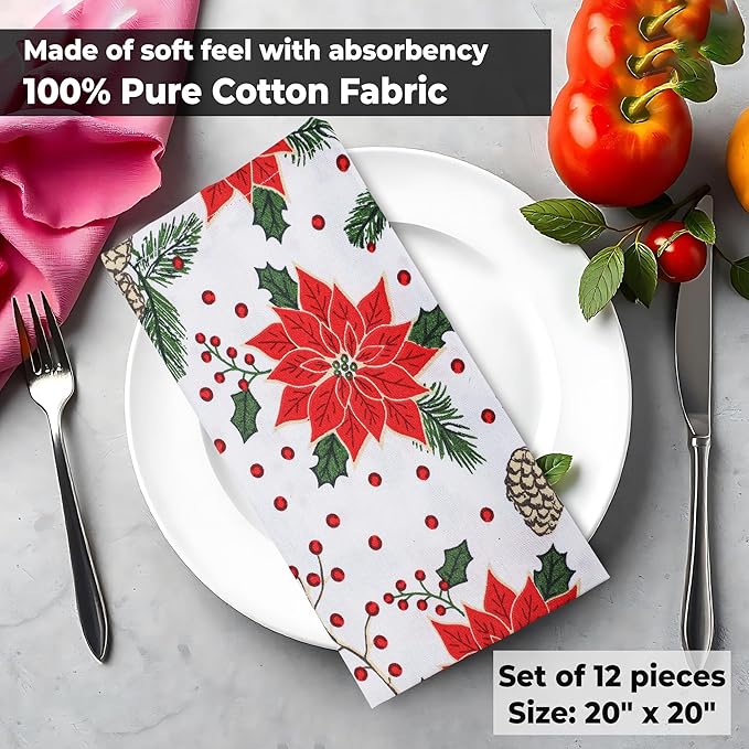 Urban Villa Cloth Napkins Set of 12(20x20)100% Cotton Dinner Napkins Cloth Washable Soft Durable Reusable Absorbent Napkins Ideal for Farmhouse Parties Hotel Lunch Restaurant Dinner Napkins-Pine Cone