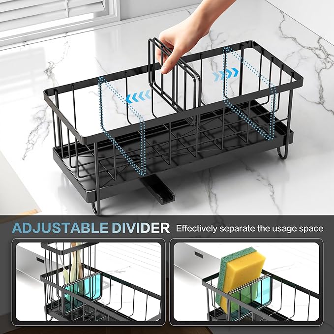 Kitchen Sink Sponge Holder & Soap Caddy - Countertop Dish Rack Space, Self-Draining Tray, Keeps Sponges & Soap Organized Black