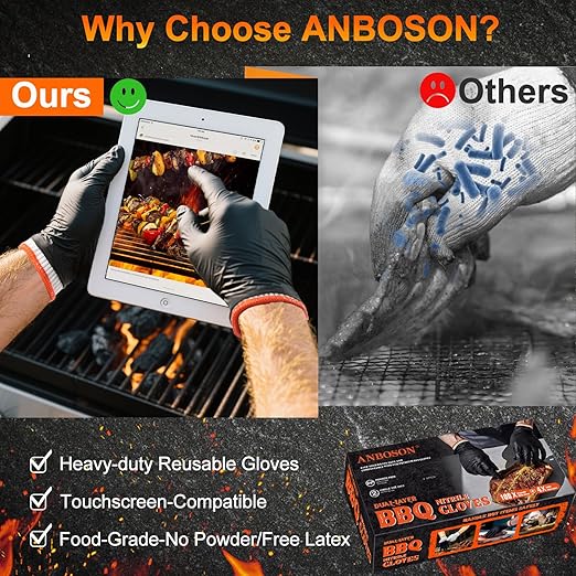 ANBOSON BBQ Gloves for Cooking Baking Grilling, 100 Count Disposable Nitrile Gloves and 4 Count Cotton Glove Liners Washable (6mil Nitrile, Large)
