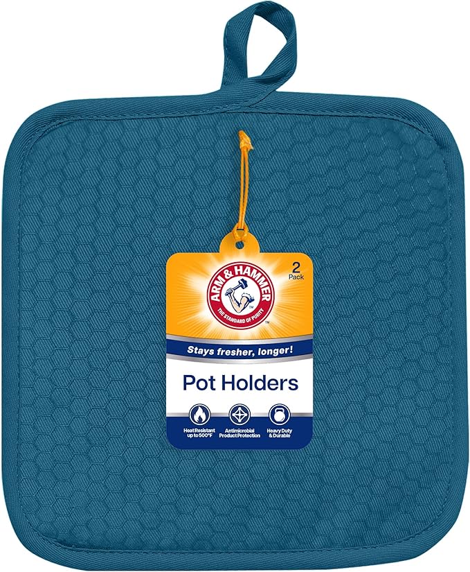 Arm & Hammer Quilted Pot Holders, Heat Resistant, Non-Slip Silicone Grip, 2 Pack, Navy